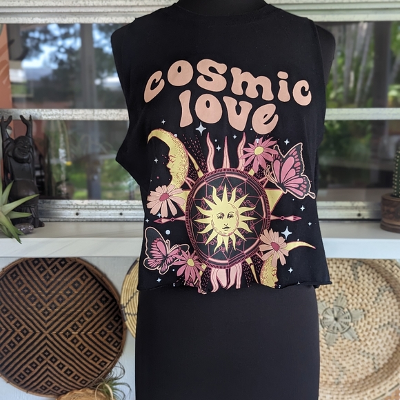 Cosmic Love M Graphic Boxy Crop Custom Cut Cropped Tank Top Hippie Celestial - Picture 2 of 10